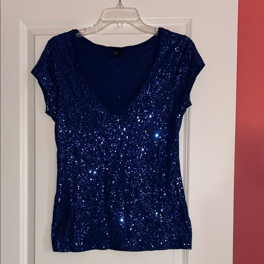 Express Bright Blue Sequin V-Neck Top